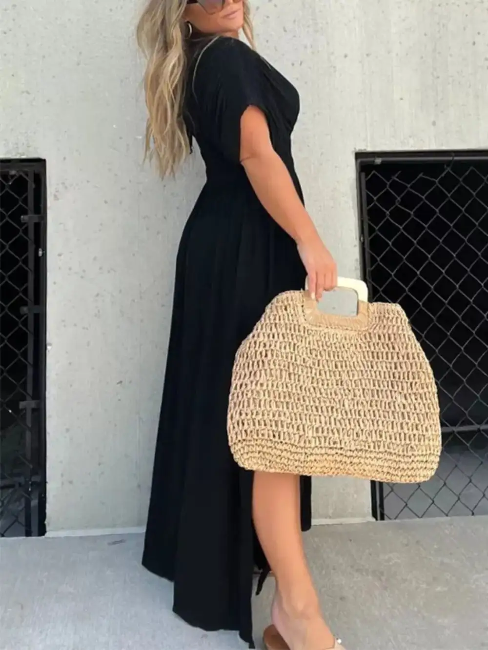 V Neck Smocked Slit Maxi Dress