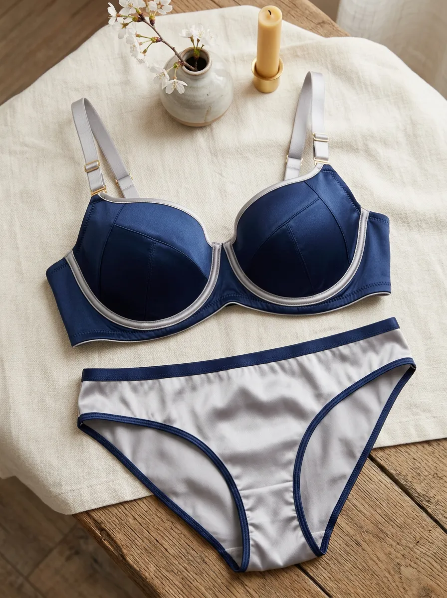 Women's Satin Contrast Trim And Seamless Lingerie Set
