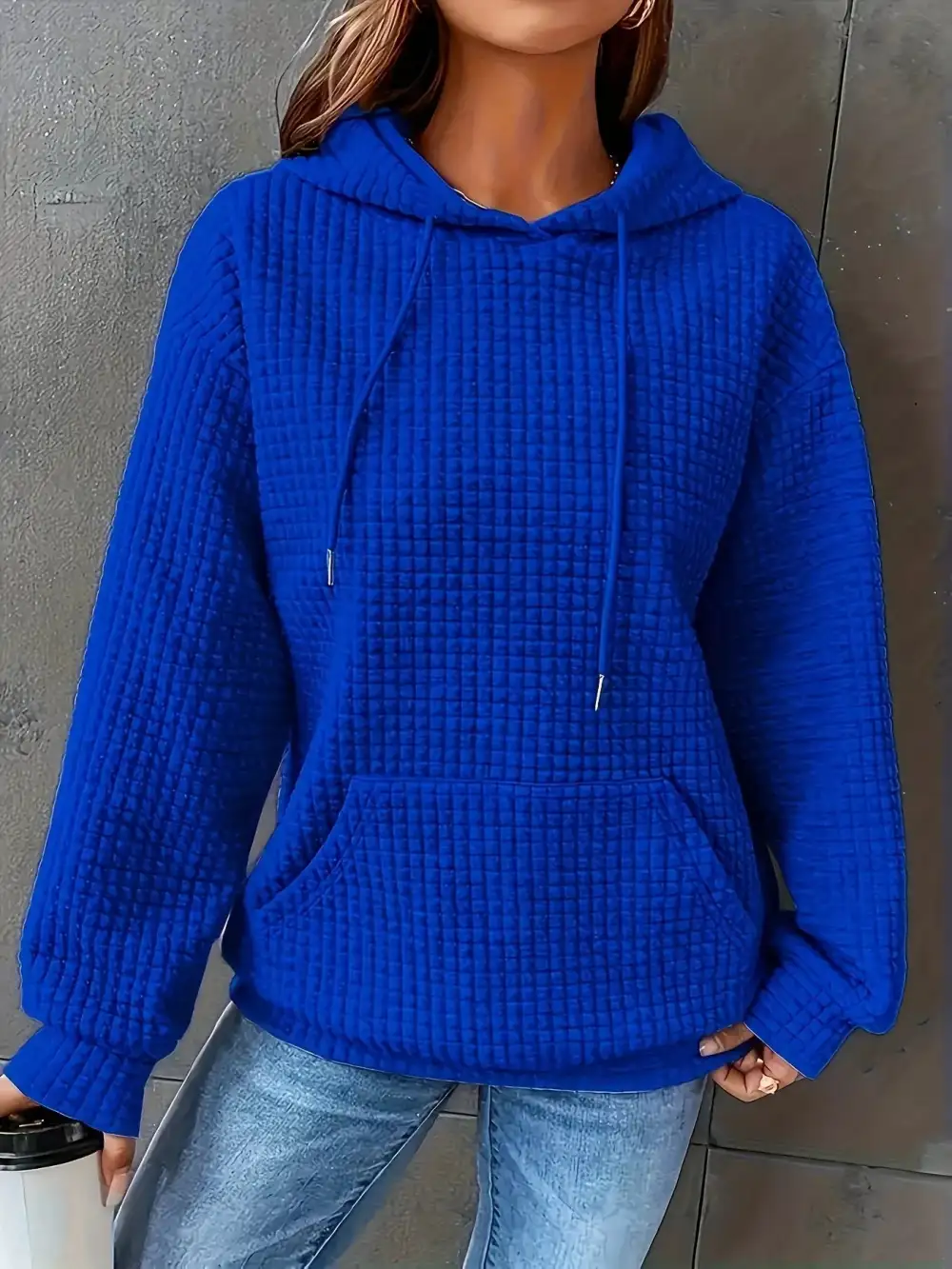Drawstring Pocketed Textured Knit Hoodie