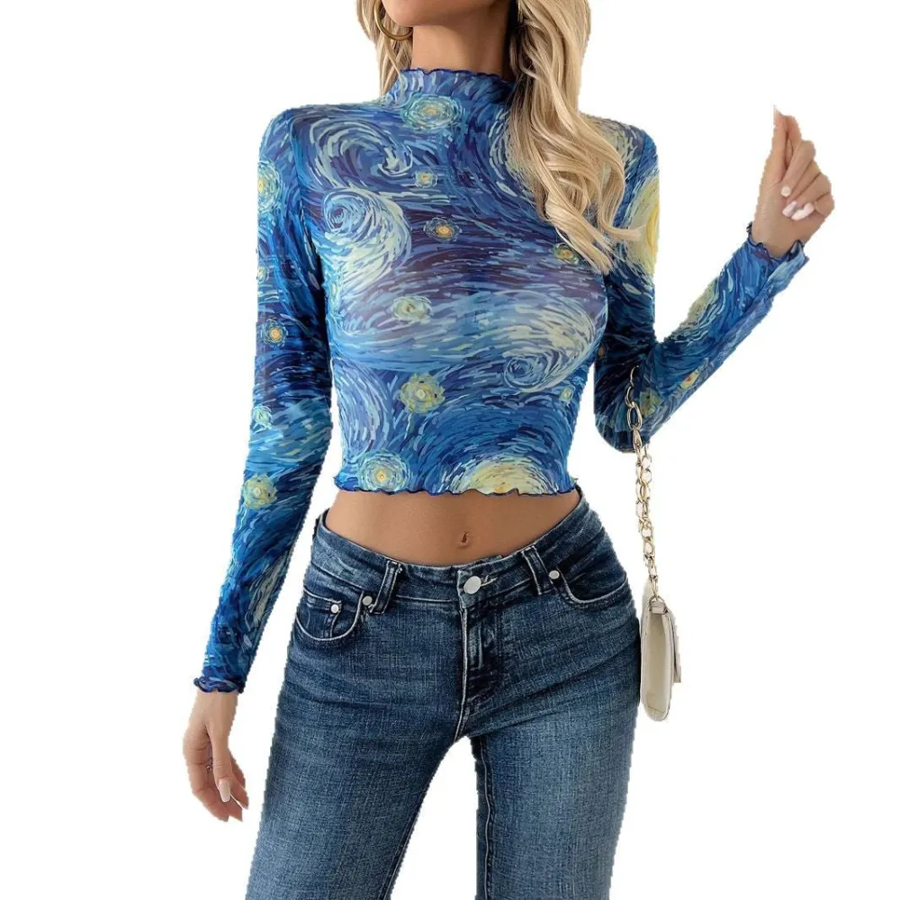 Star Print Mesh Blouse
