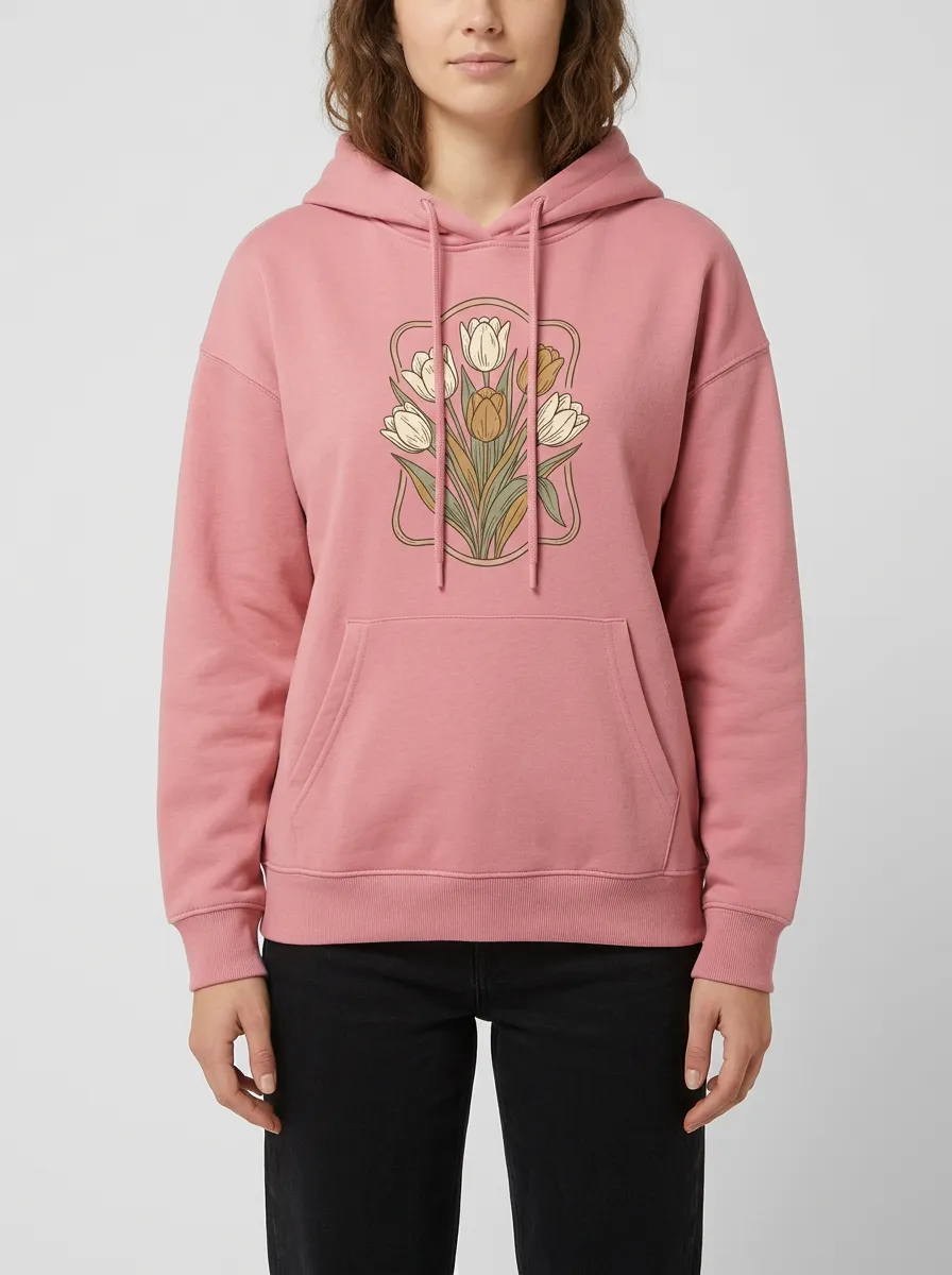 Women's Hooded Drawstring Graphic Floral Ribbed Hoodie