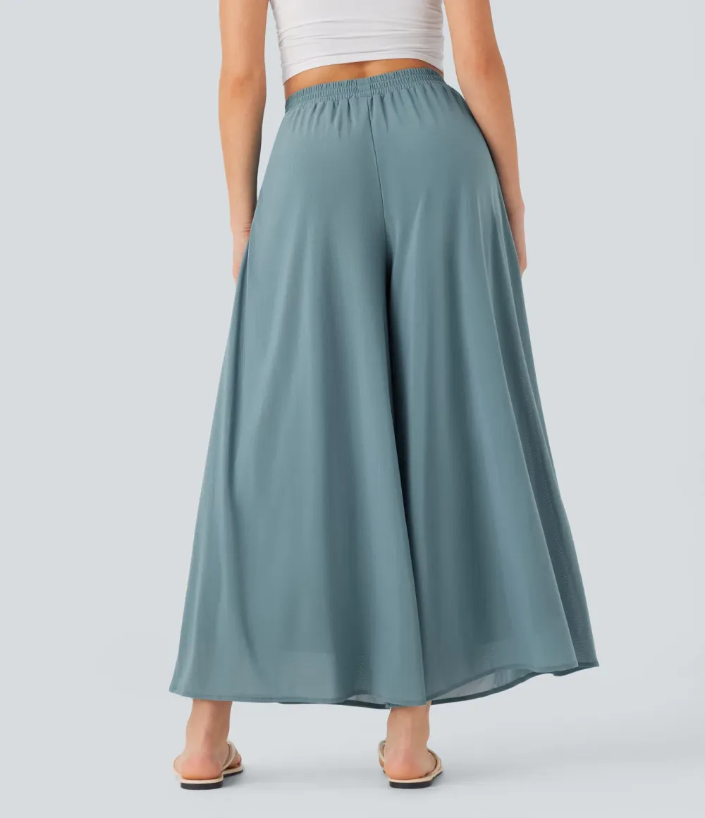 High Waisted Pocket Mesh Overlay Wide Leg Casual Pants