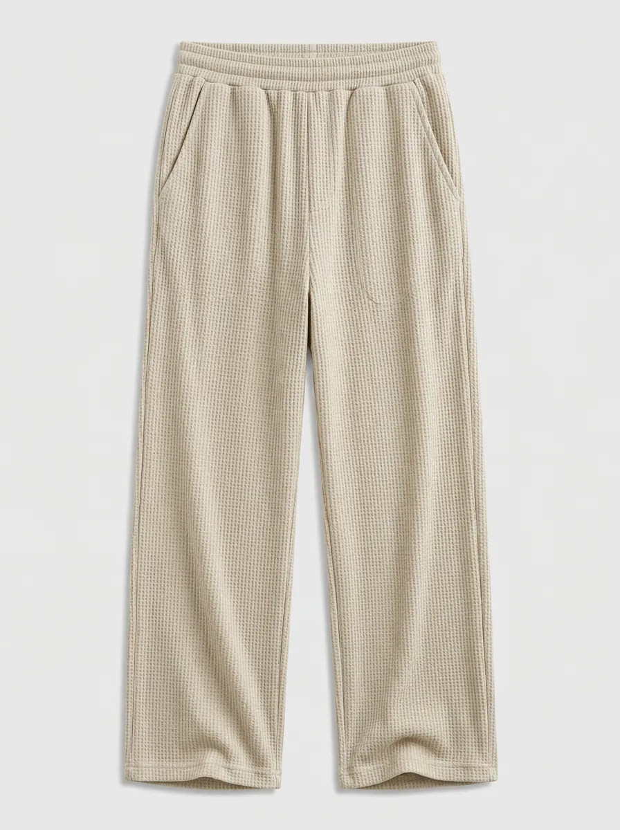 Everyday Unisex Casual Beige Waffle Knit Elastic Waist Lounge Pants