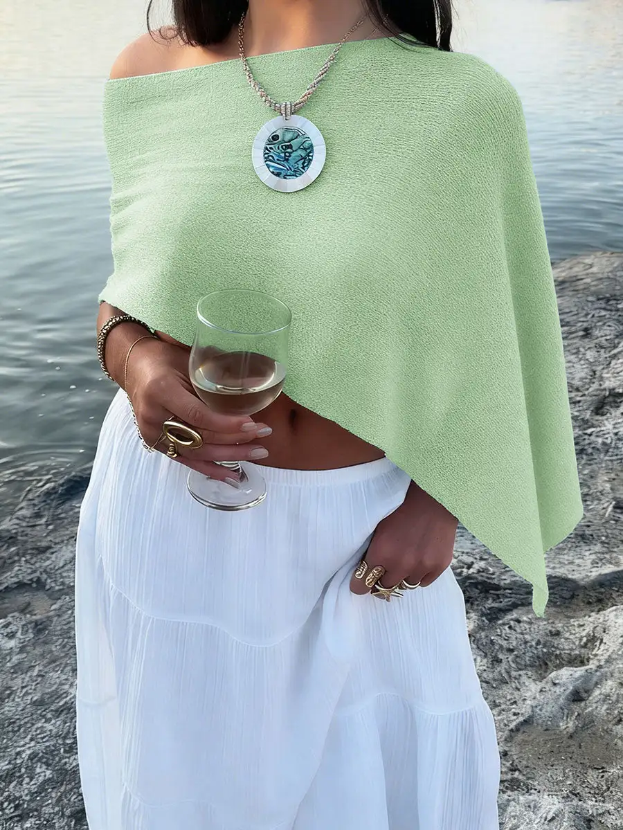 Sheer Detail Asymmetric One Shoulder Relaxed Fit Knit Cape
