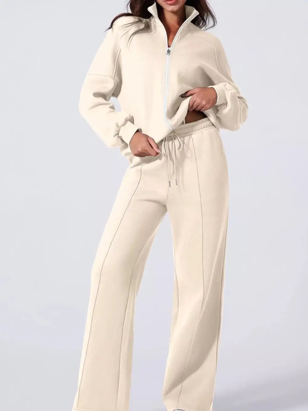 Drop Shoulder Zip Up Jacket And Drawstring Pants Active Two Piece Set