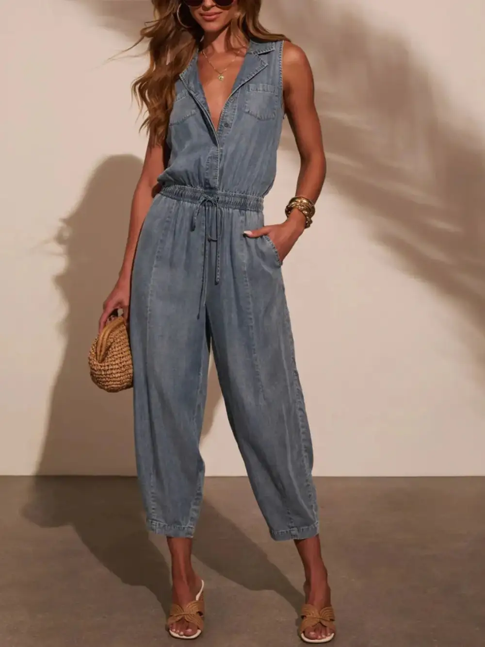 Sleeveless Drawstring Waist Washed Jumpsuit Denim Pants