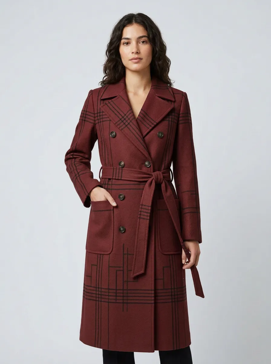 Women's Classic Plaid Pattern Printed Trench Coat