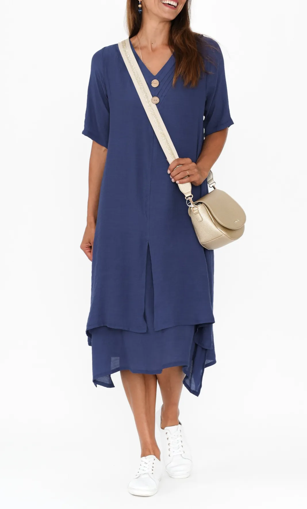 Cotton Pleated V-Neck Half-Sleeve A-Line Asymmetric-Hem Below-Knee Dress