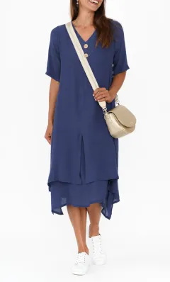 Cotton Pleated V-Neck Half-Sleeve A-Line Asymmetric-Hem Below-Knee Dress