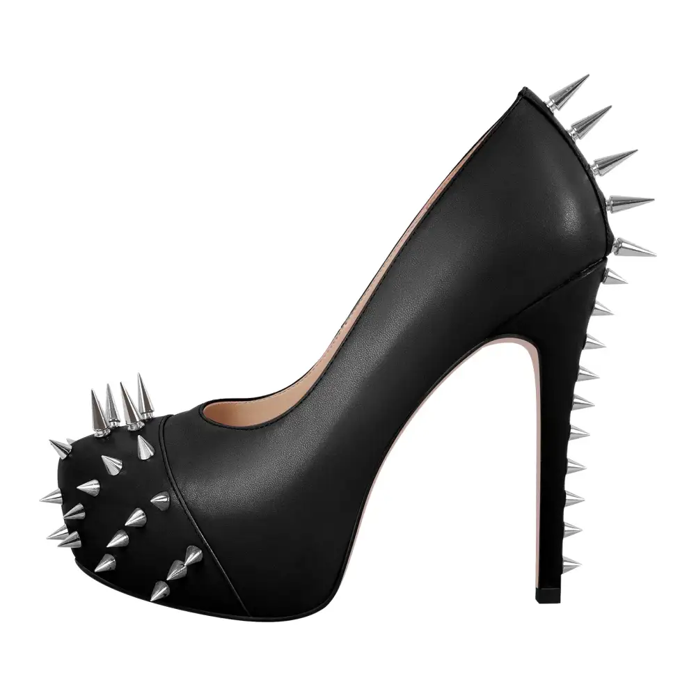 Rivet Round Toe Platform Stiletto Buckle Strap Pumps