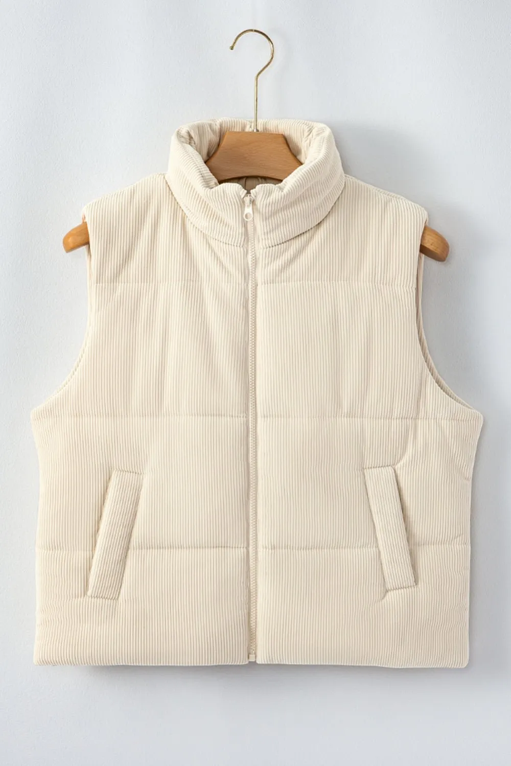 Corduroy Stand Neck Zip Puffer Vest