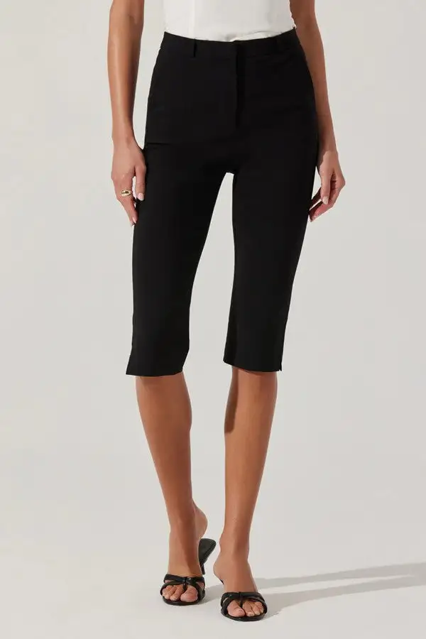 Black High Waist Slit Hem Capri Pants