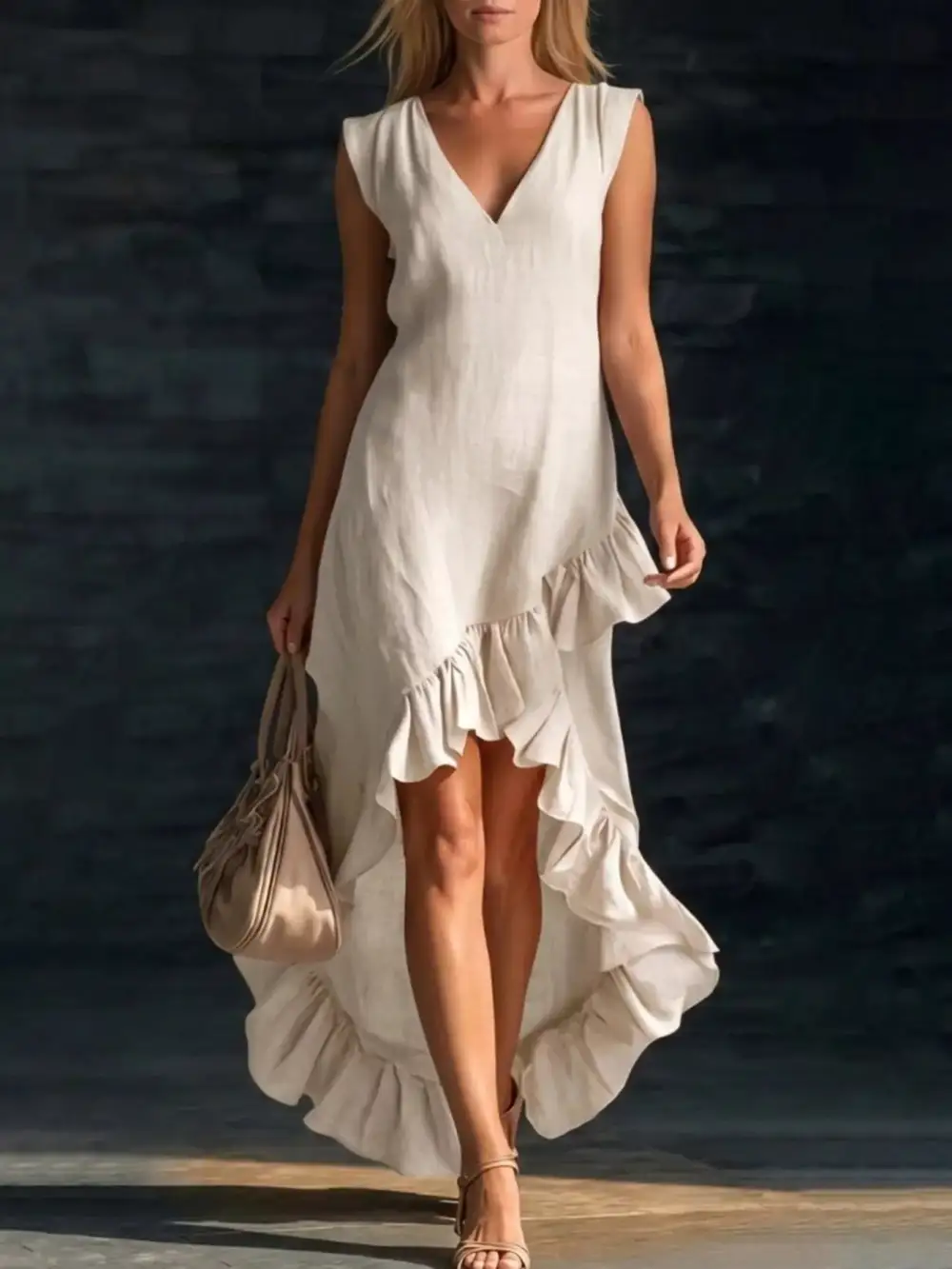 V-Neck Ruffle Hem High-Low Dress