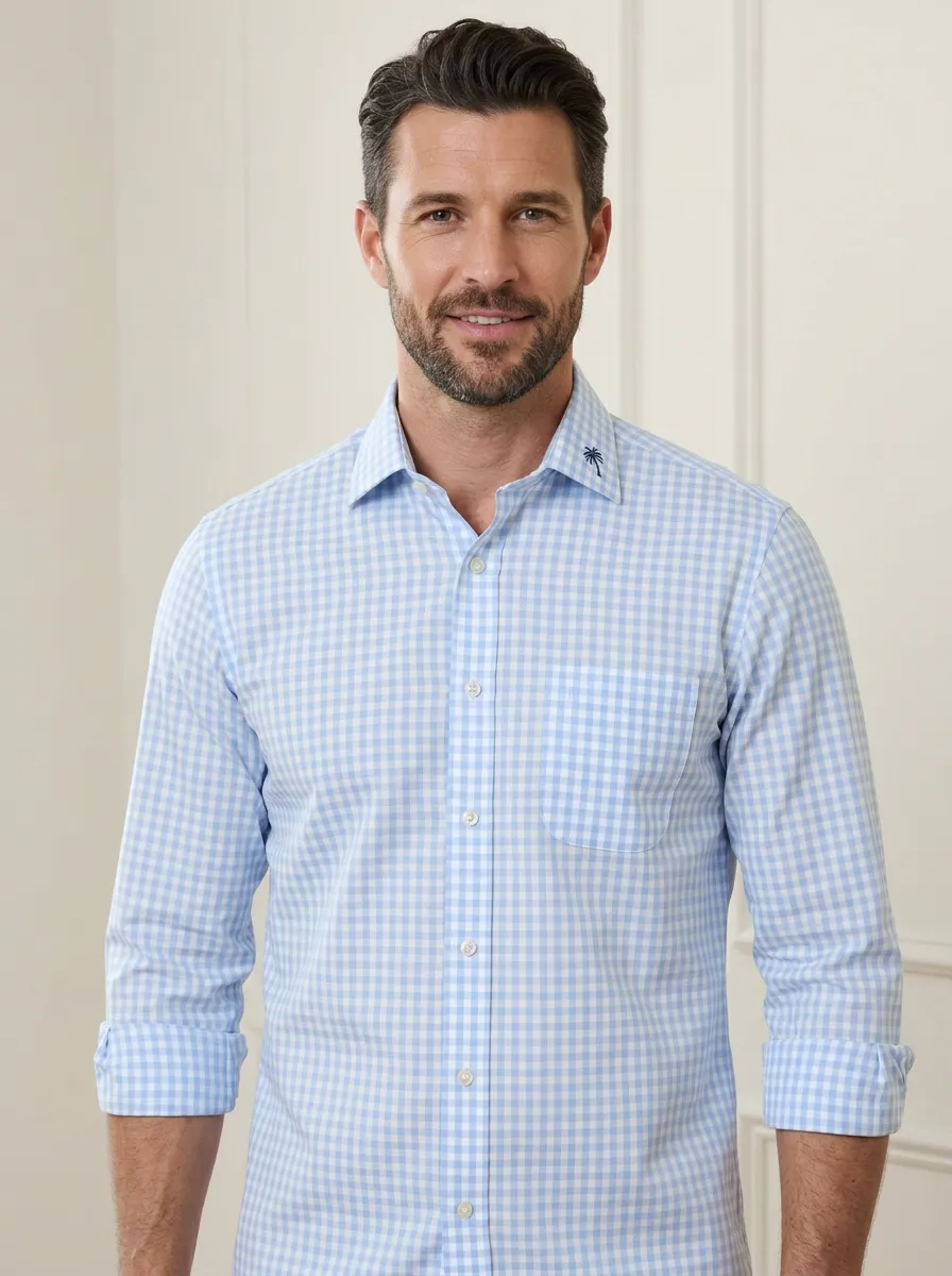 Men's Non-Iron Cotton Blue Gingham Palm Tree Embroidered Shirt