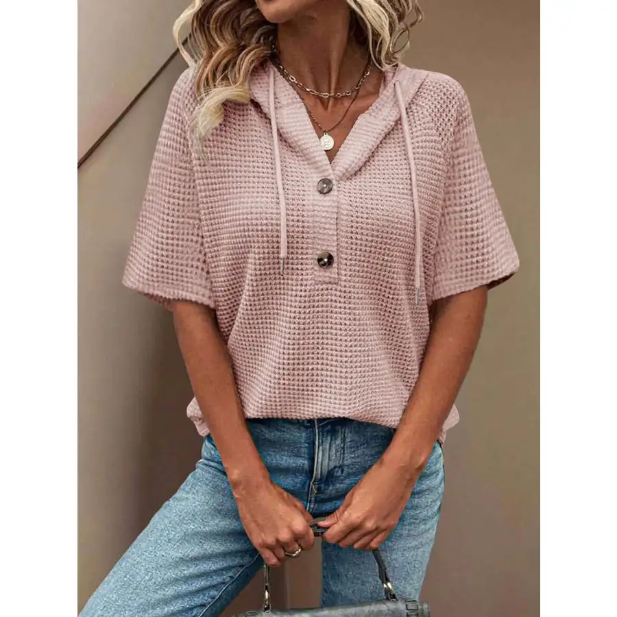 Waffle Knit Hooded Short Sleeve Blouse
