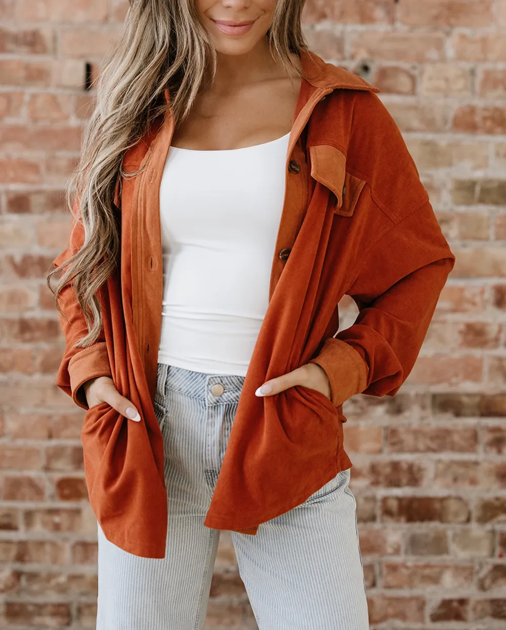 Women's Velvet Flap Pockets Drop Shoulder Casual Shacket