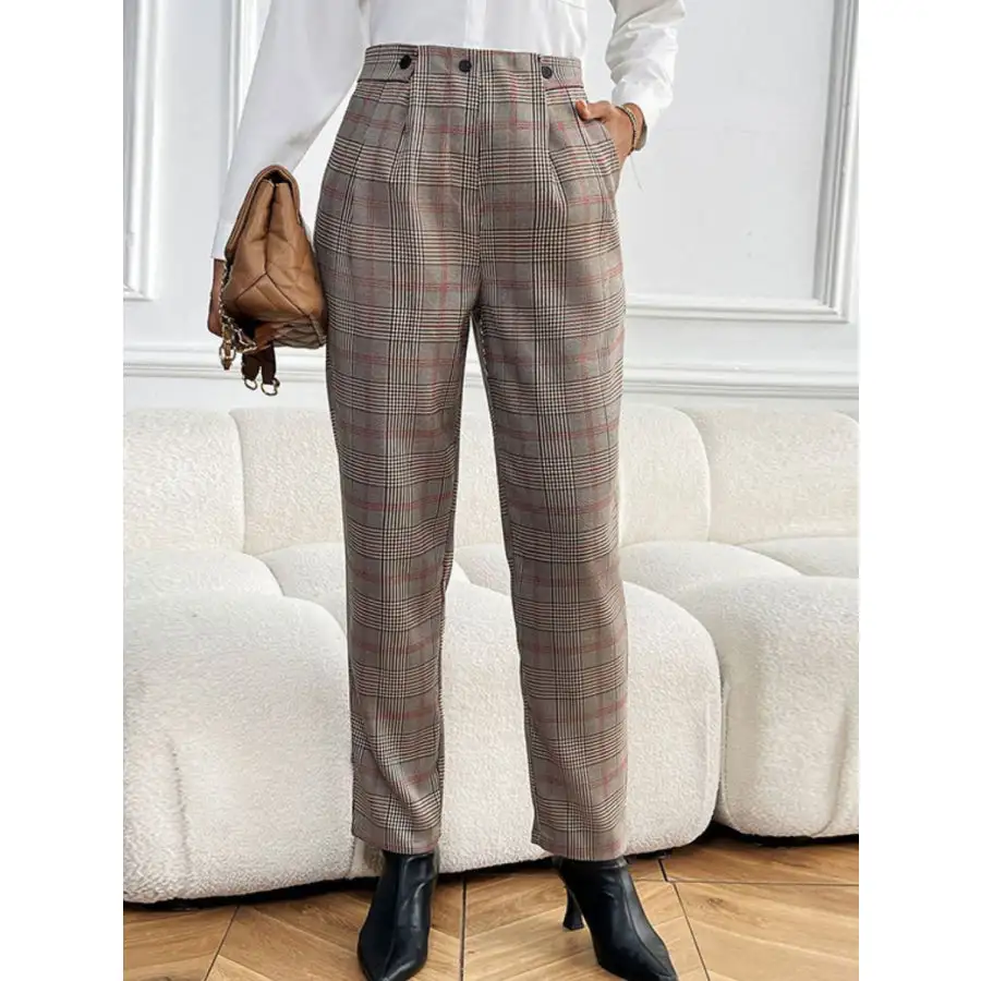 Perfee Plaid Straight Pants with Pockets