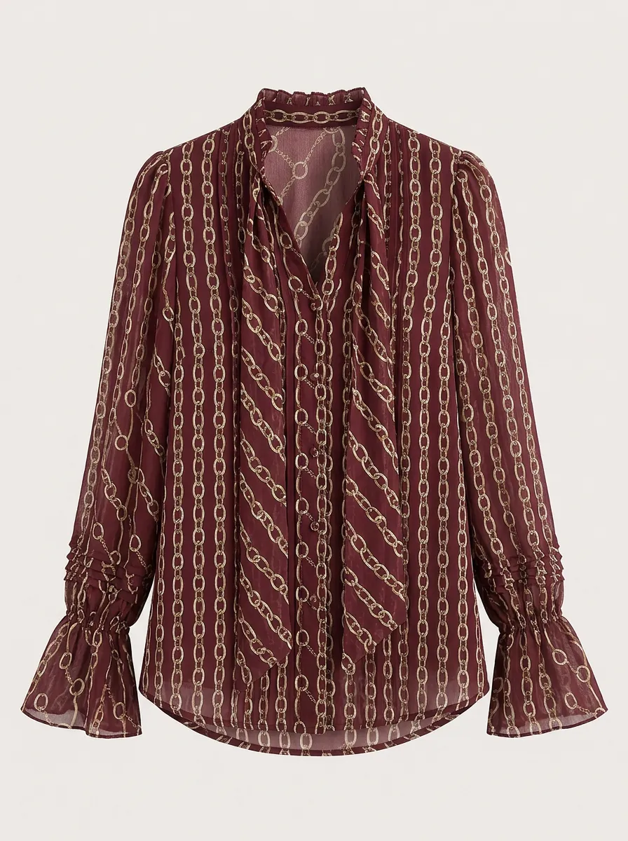 Women's Burgundy Gold Chain Print Ruffle Sleeve Chiffon Blouse