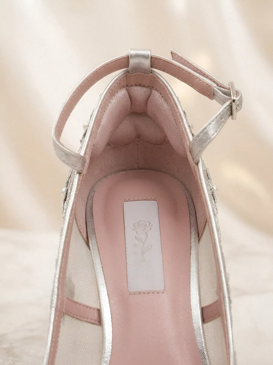 Pearl Floral Embroidered Mesh Women's Formal High Heels
