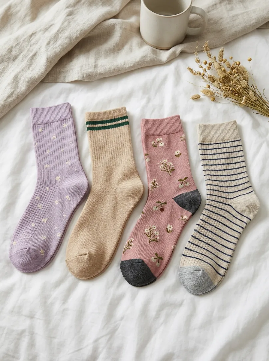 Women's Vintage Floral and Striped Pattern Printed Socks Set