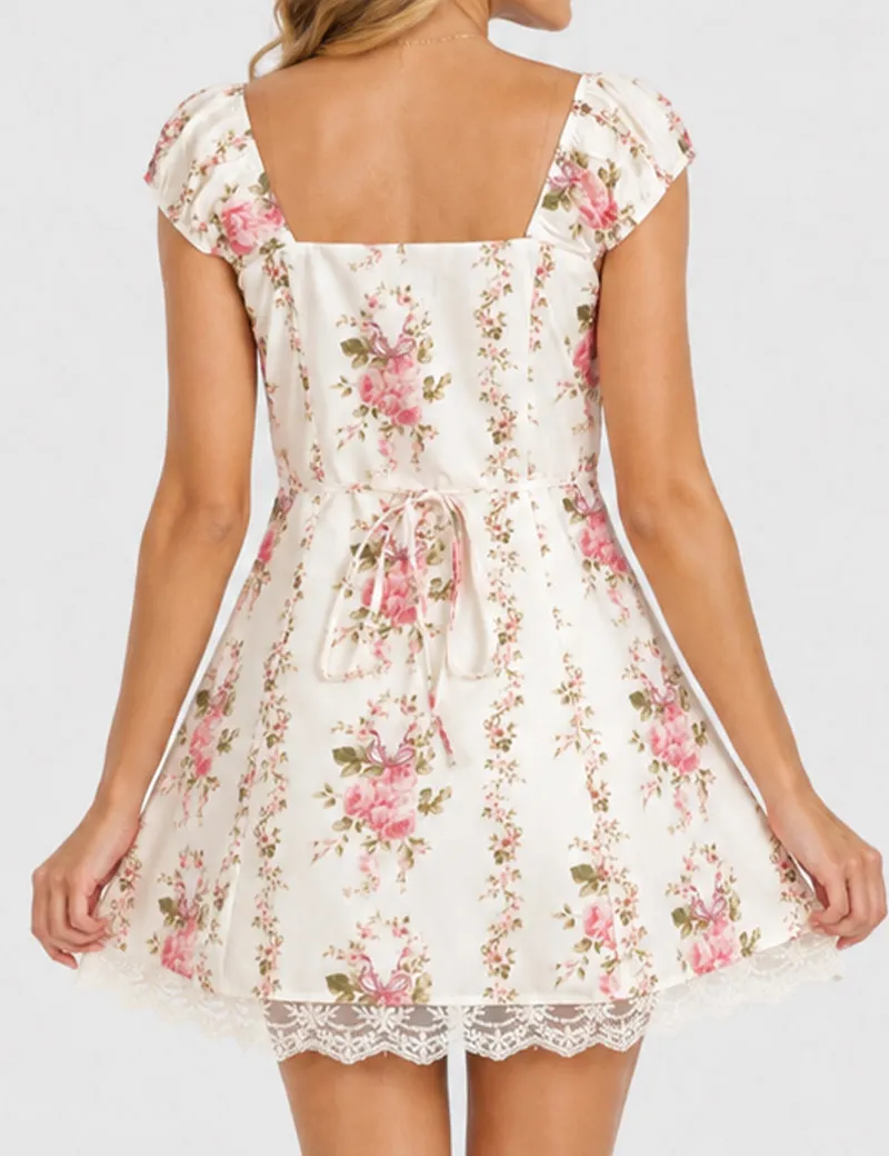 Lace Trim Cap Sleeves Mini Dress