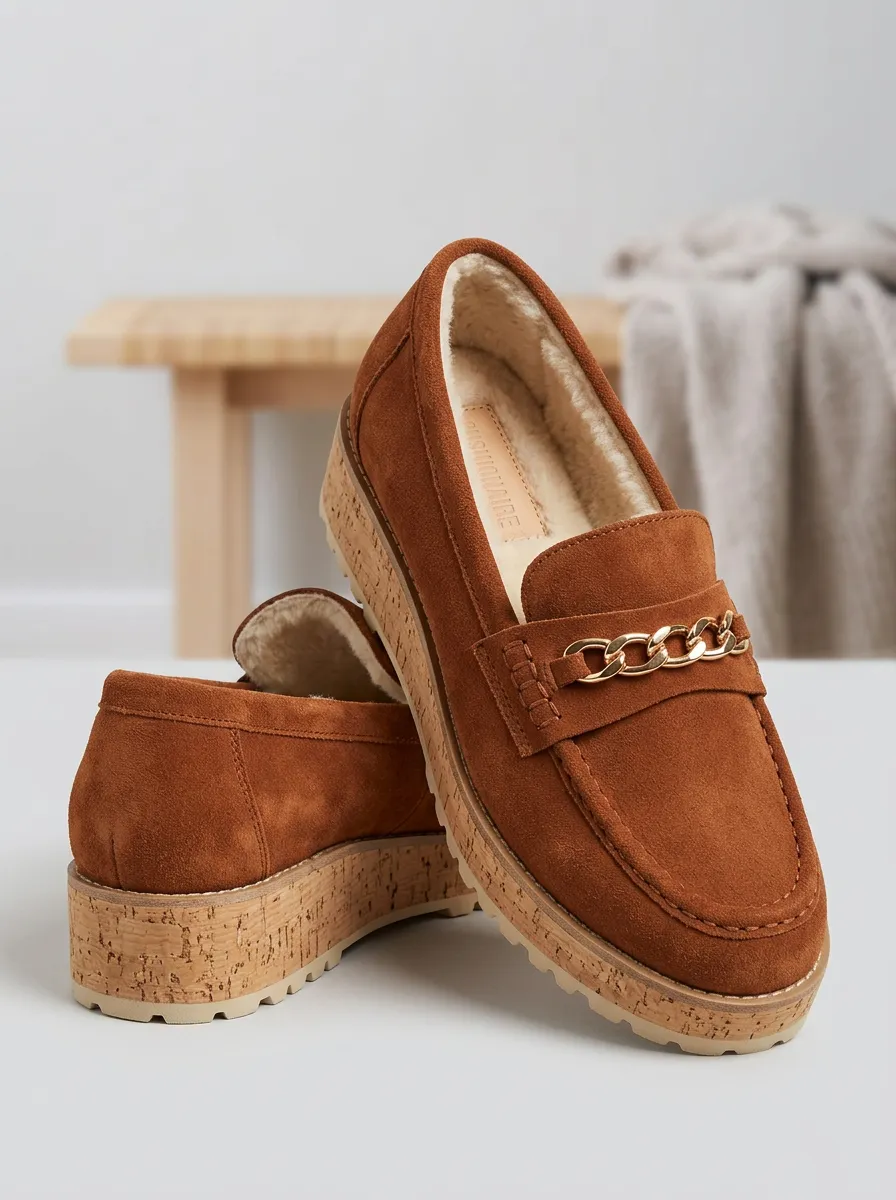 Women's Platform Suede Wood Sole Loafers