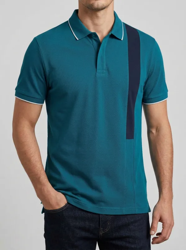 Men's Grey Navy Vertical Stripe Contrast Trim Polo Shirt