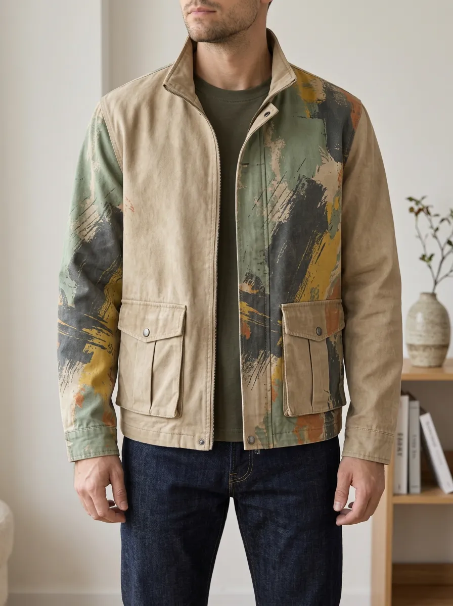 Men's Abstract Brushstroke Print Khaki Canvas Jacket