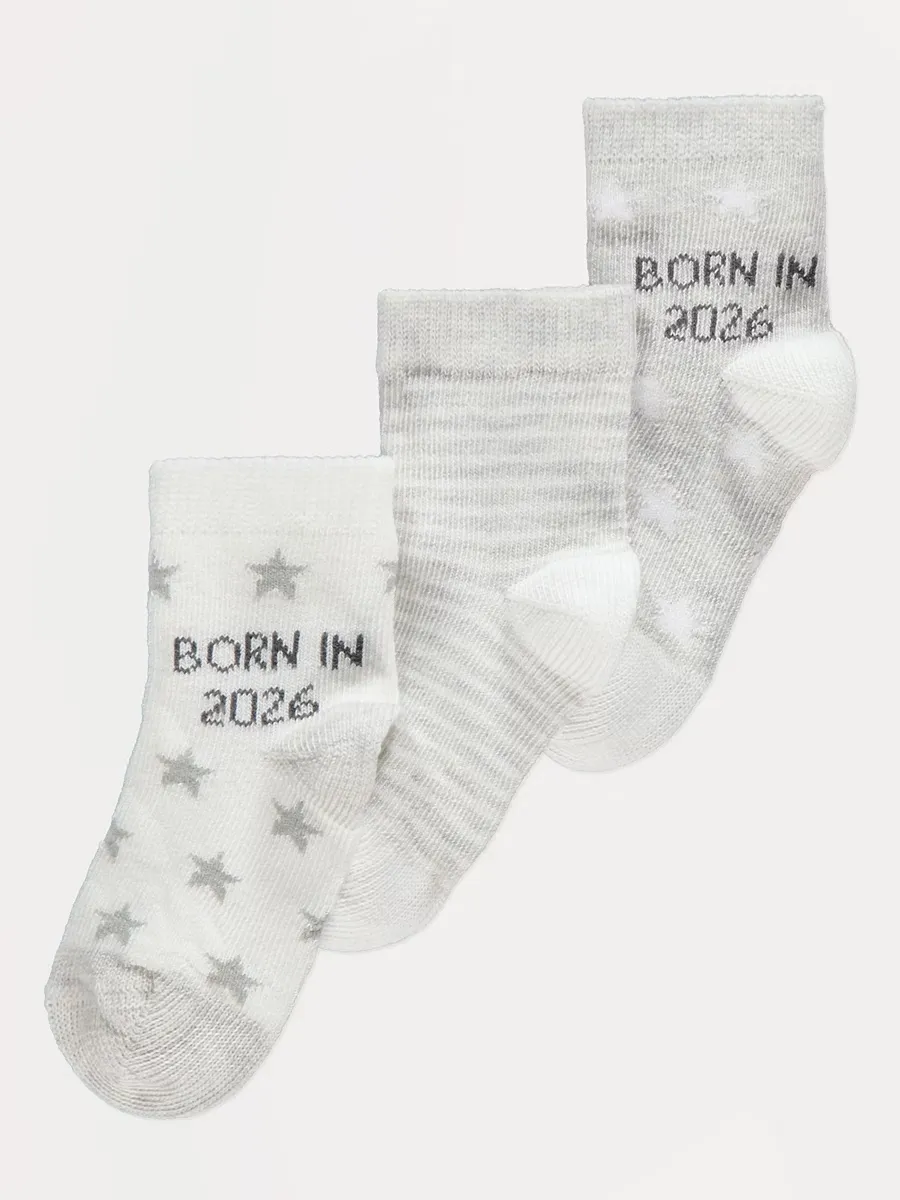 Grey Born in 2026 Socks 3 Pack