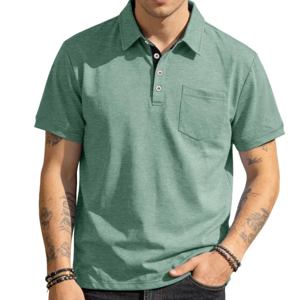 Button Placket Chest Pocket Short Sleeve Jersey Polo Shirt