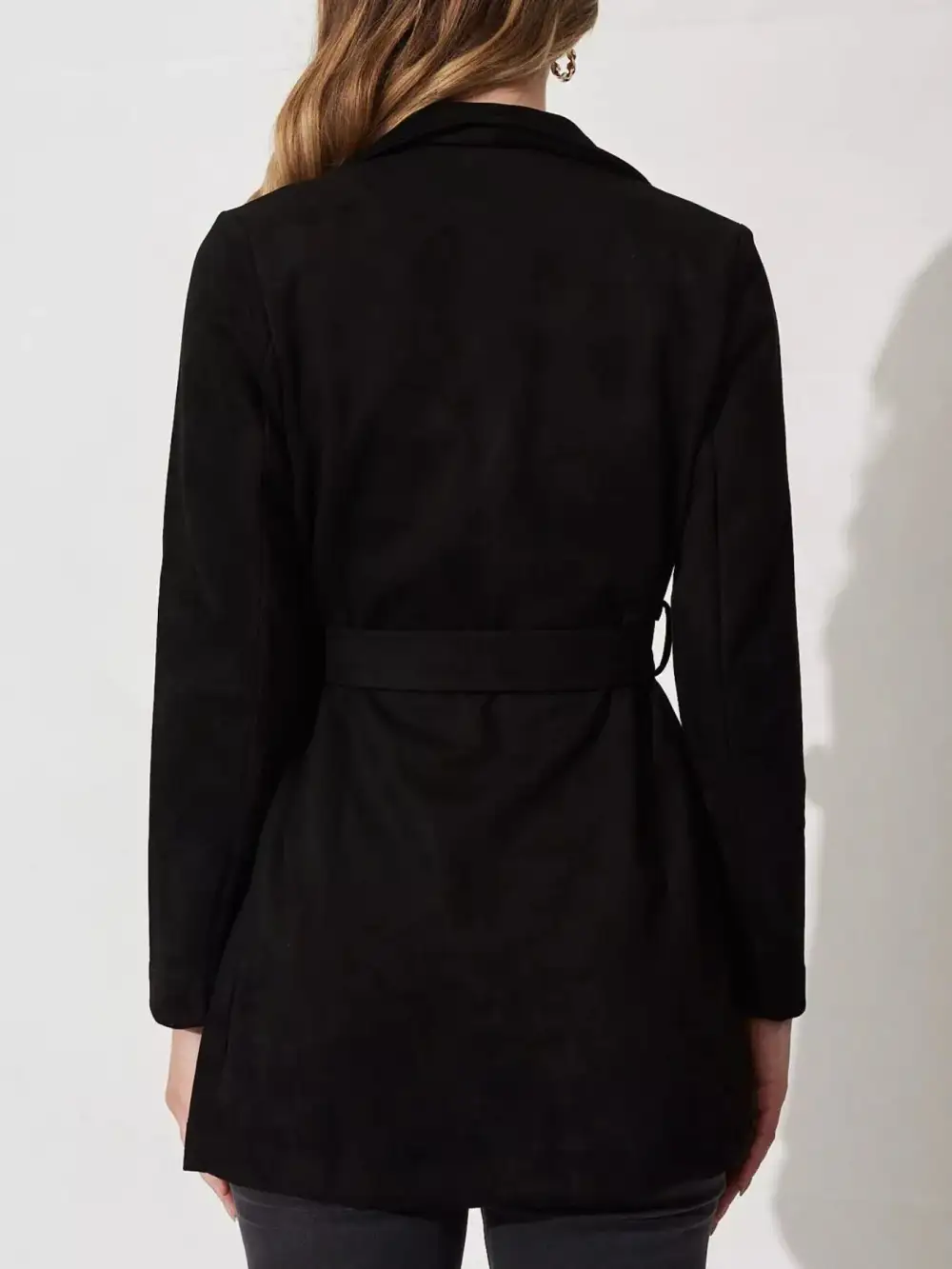 Suede Tie Waist Long Sleeve Outerwear
