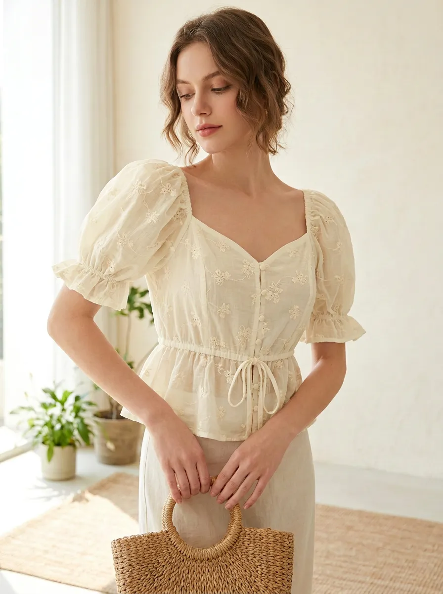Embroidered Peplum Button-Front Women's Puff-Sleeve Blouse