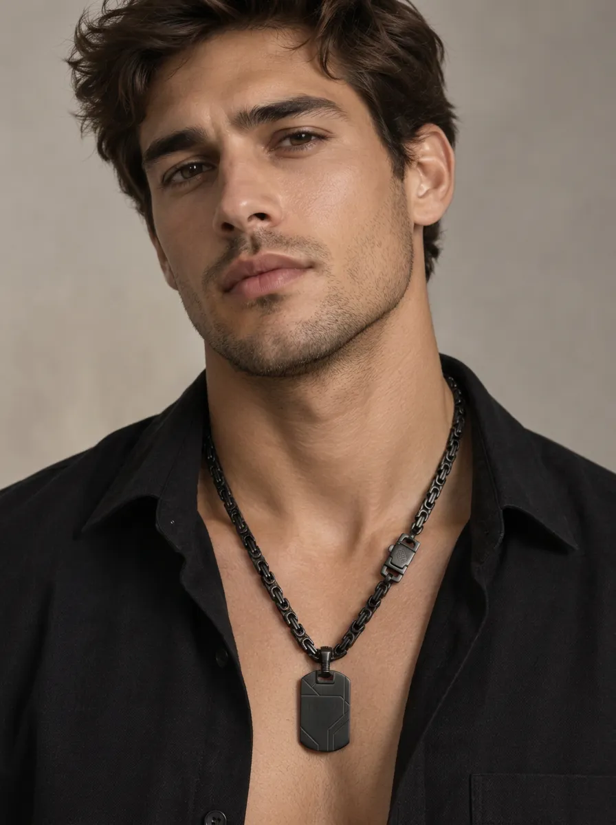 Men's Minimalist Byzantine Chain Dog Tag Pendant Necklace