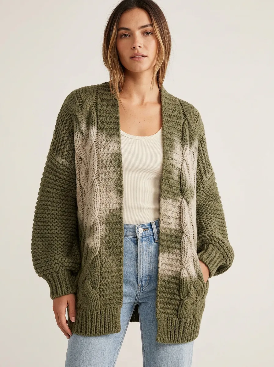 Women's Textured Cable Open Front Cardigan