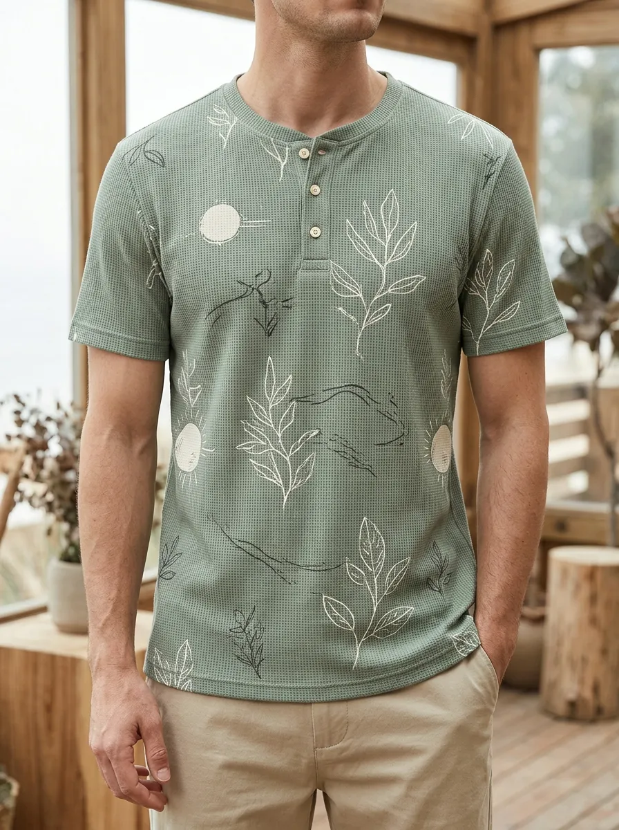 Men's Nature Lover Botanical Sun Printed Waffle Henley T-shirt
