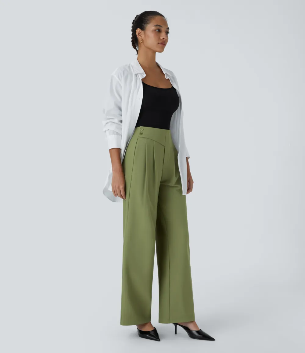  High Waisted Decorative Button Plicated Side Pocket Straight Leg Twill Work Pants