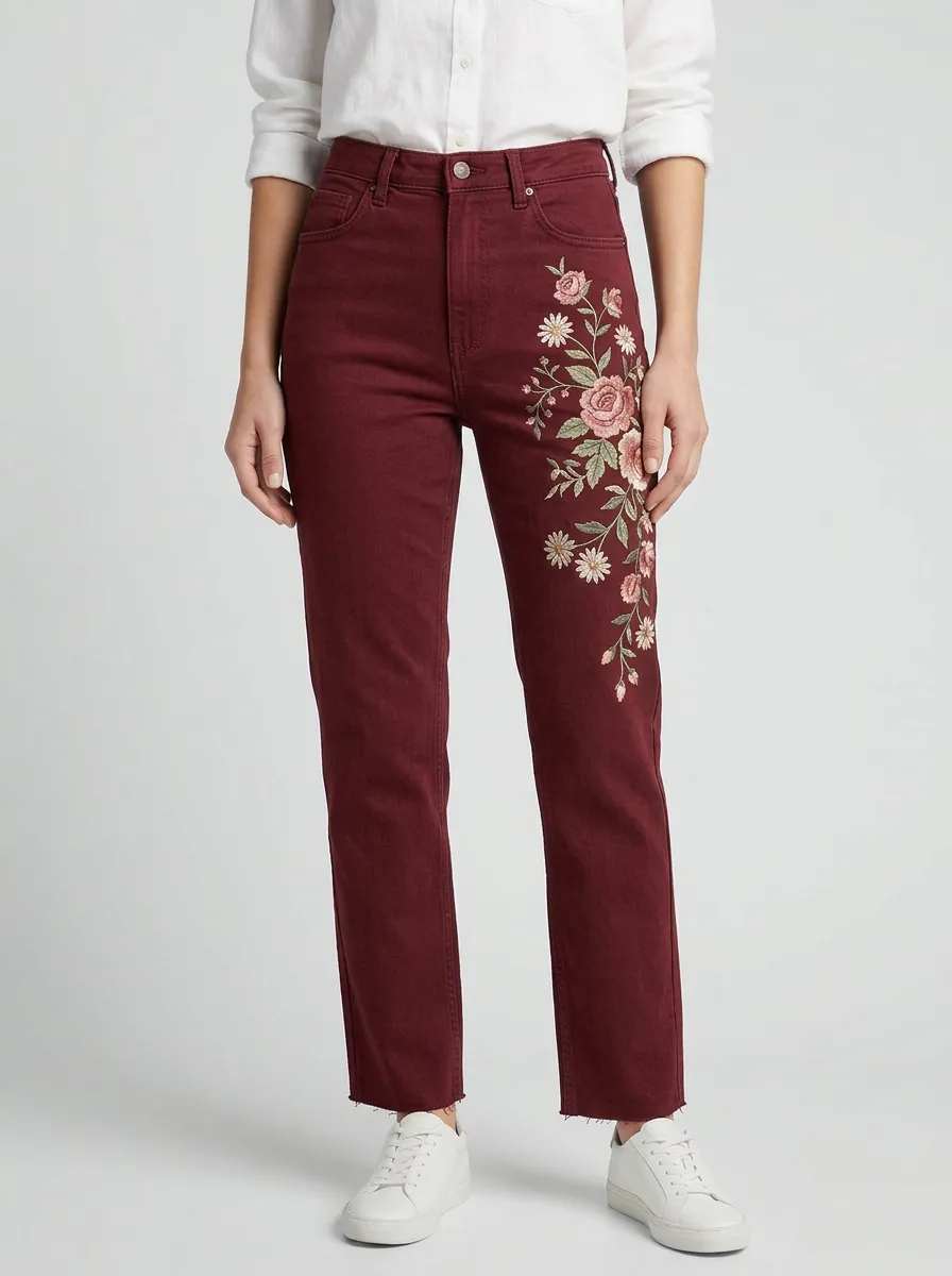 Women's Floral Lover Rose Daisy Embroidered Straight Leg Jeans