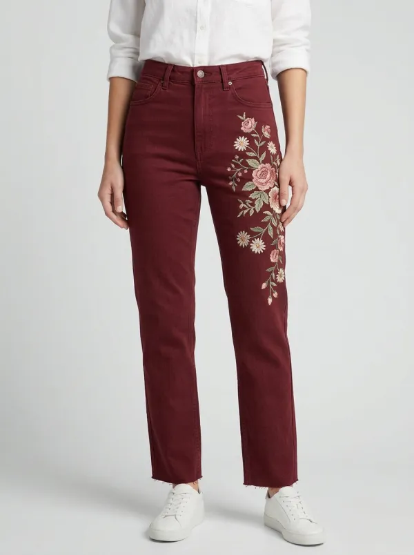 Women's Floral Lover Rose Daisy Embroidered Straight Leg Jeans