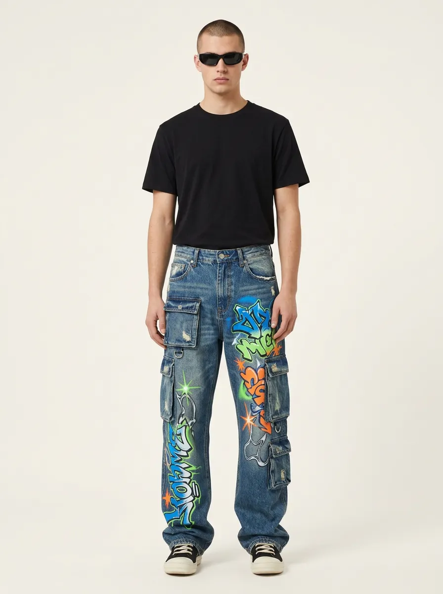 Men's Streetwear Graffiti Art Distressed Graphic Cargo Jeans