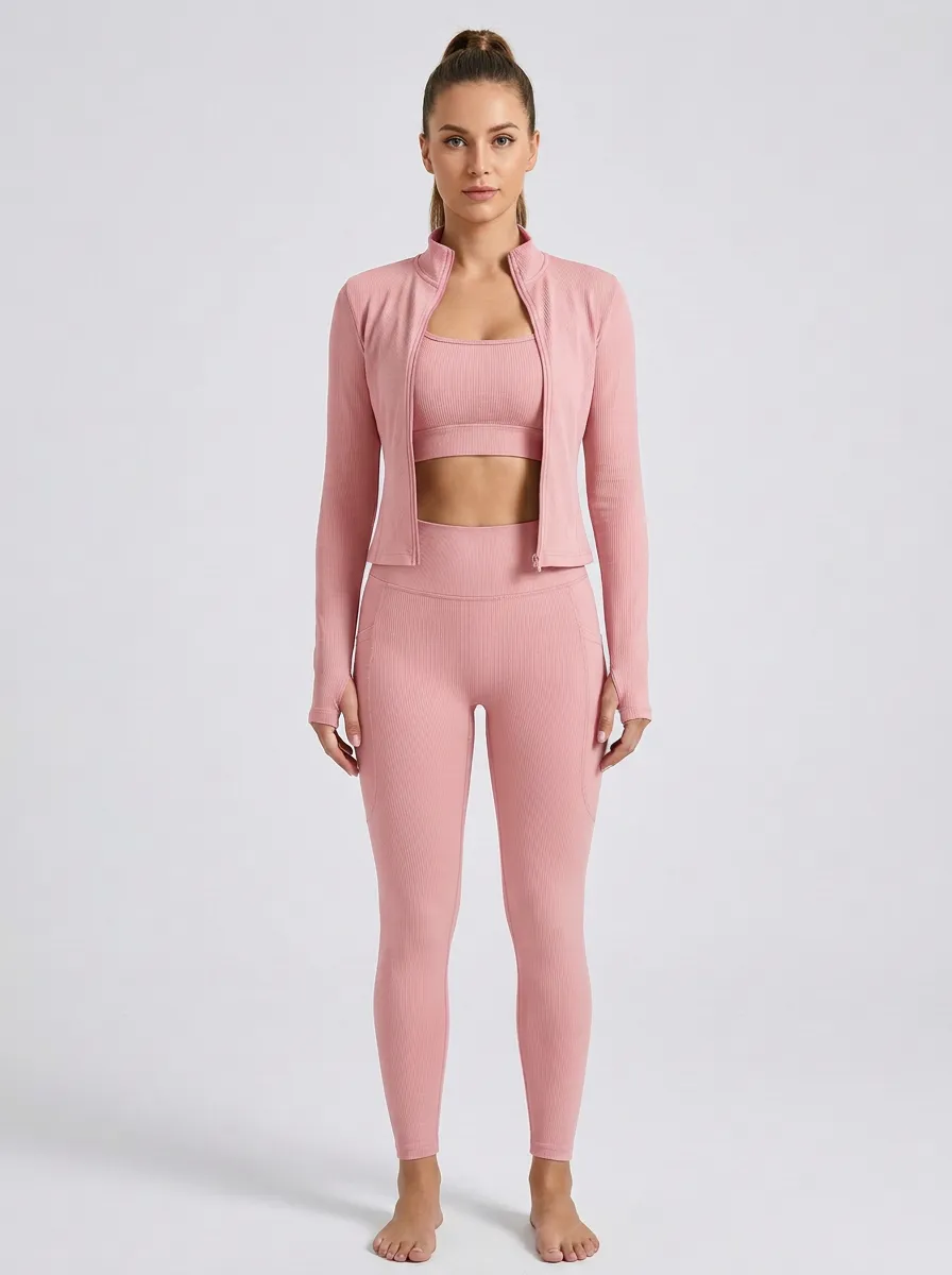 Performance-Inspired Ribbed Texture Zip Detail Essential Women's Three Piece Activewear Set