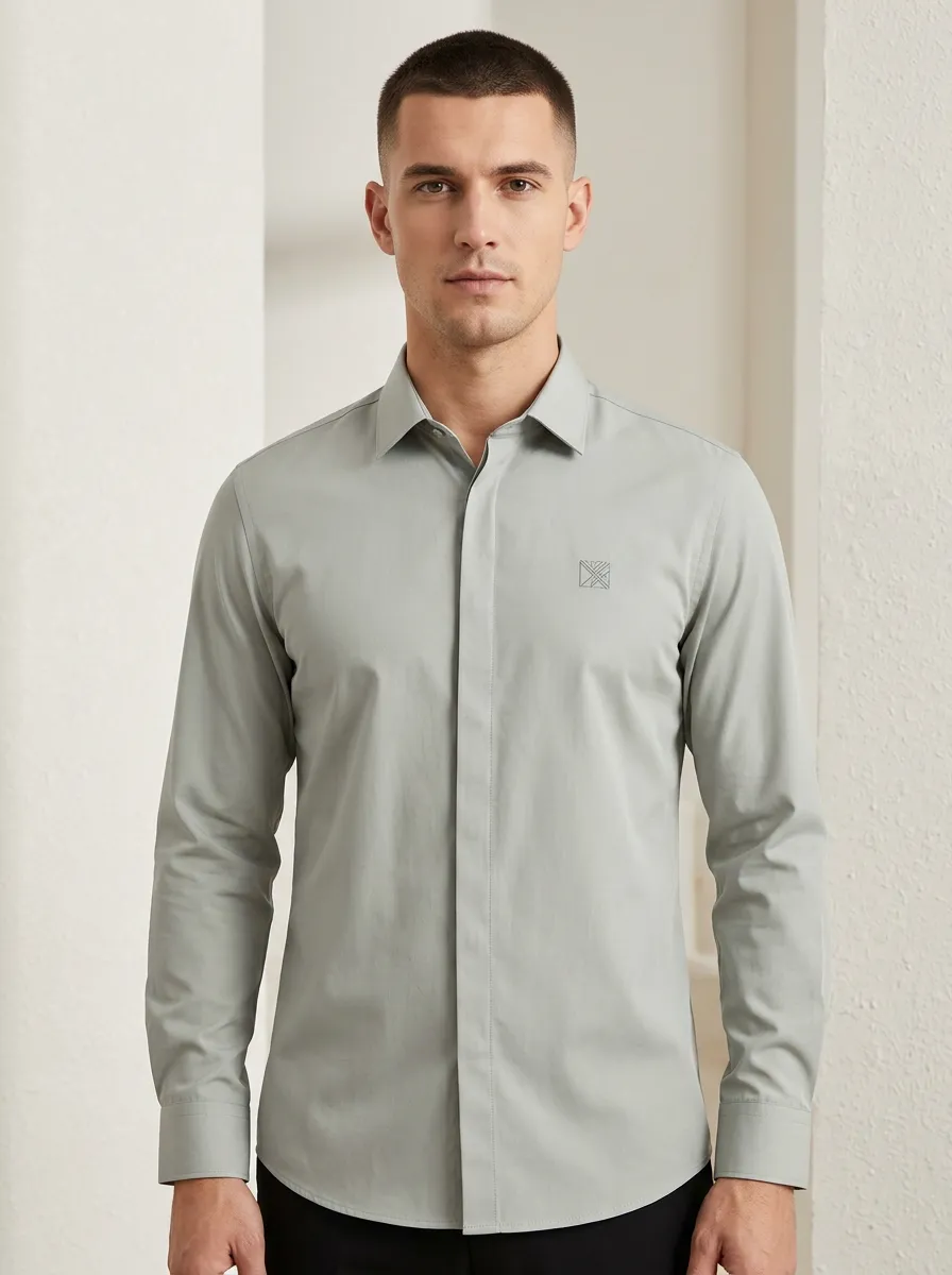 Men's Non-Iron Cotton Geometric Logo Embroidered Long Sleeve Shirt