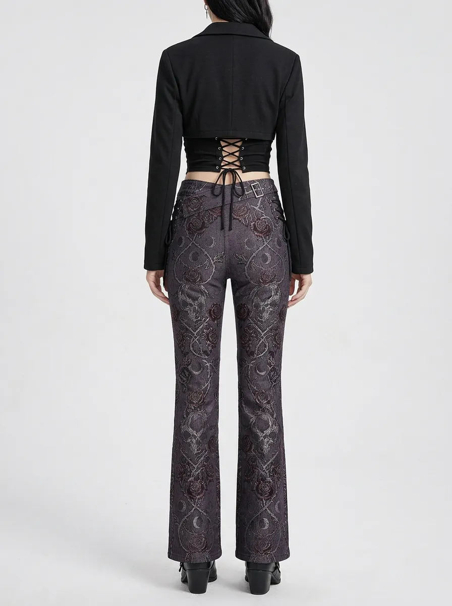 Alternative Skull Rose Moon Detail Women's Gothic Flare Pants