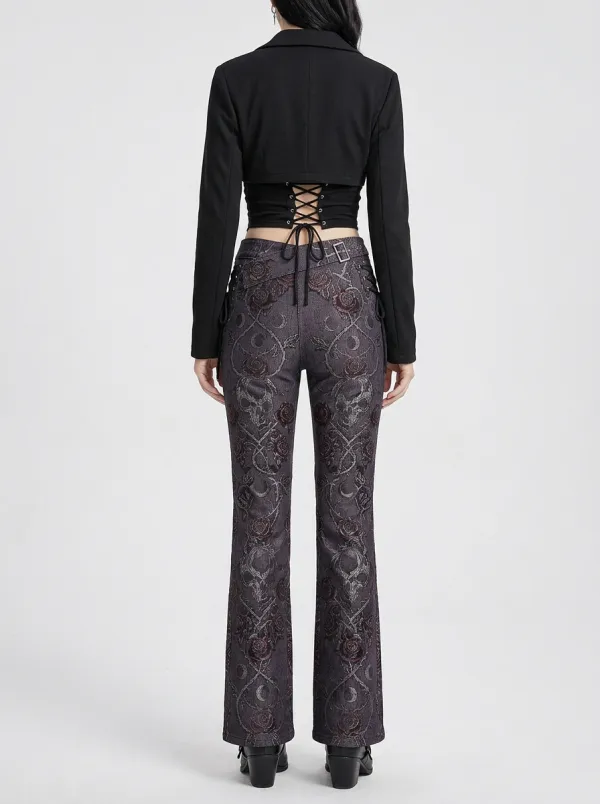 Alternative Skull Rose Moon Detail Women's Gothic Flare Pants