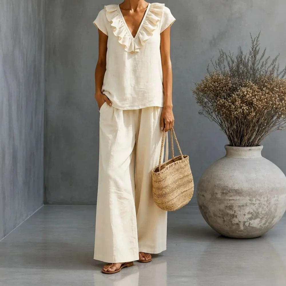 Wide-Leg Short-Sleeve V-Neck Women's Matching Set