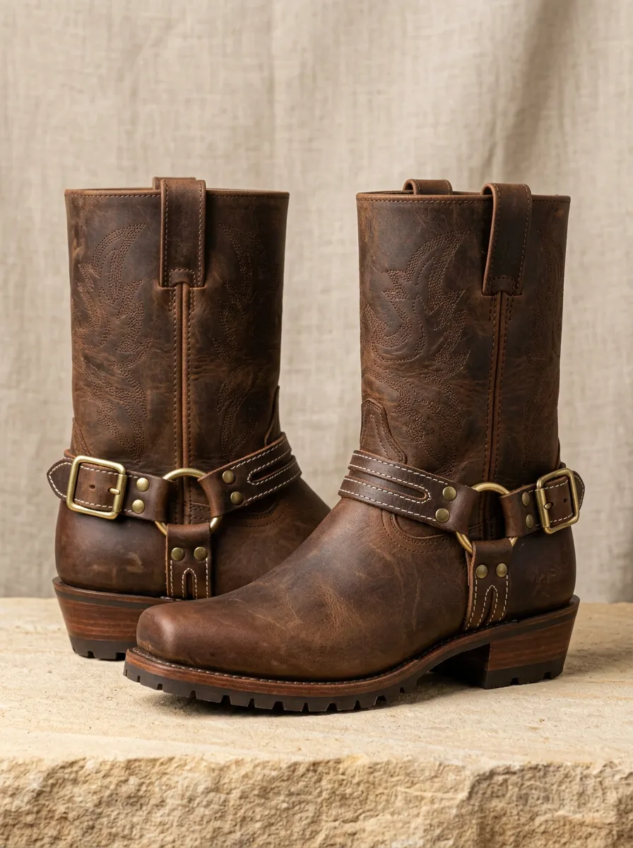 Men's Heritage Western Brown Leather Harness Printed Cowboy Boots
