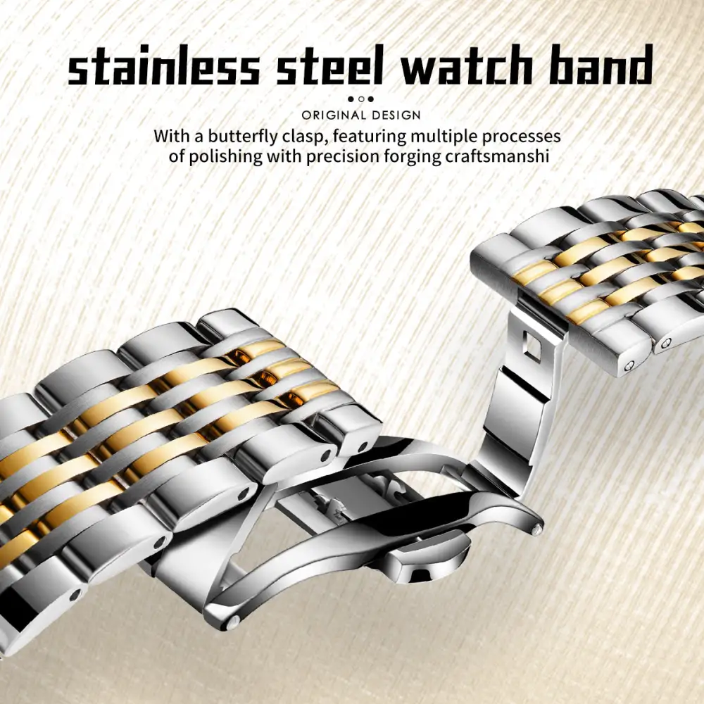 Sollen 9032 Automatic Watch - Men's Sunray Dial Luminous Dot Markers 9-Bead Stainless Steel Bracelet Wristwatch