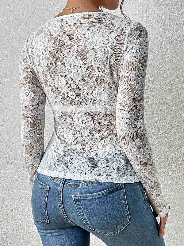 Long Sleeve Slim Fit Lacy Sheer V-Neck T-Shirt