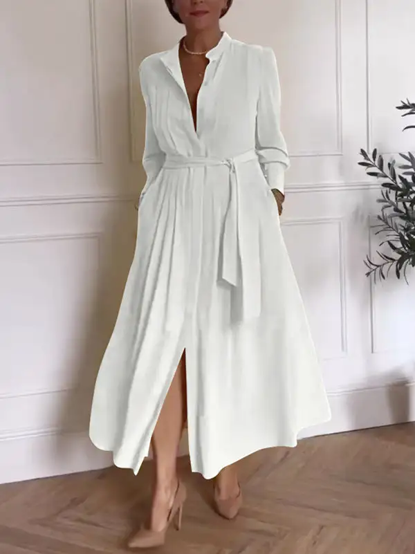 Pleated Buttoned Long Neck Maxi Dress