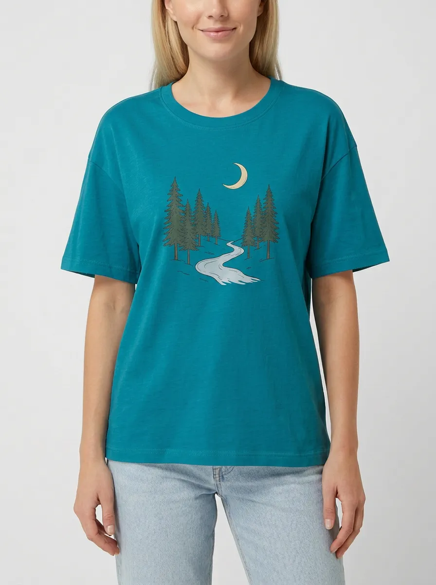 Women's Pine Forest & Moon Graphic Crewneck T-Shirt