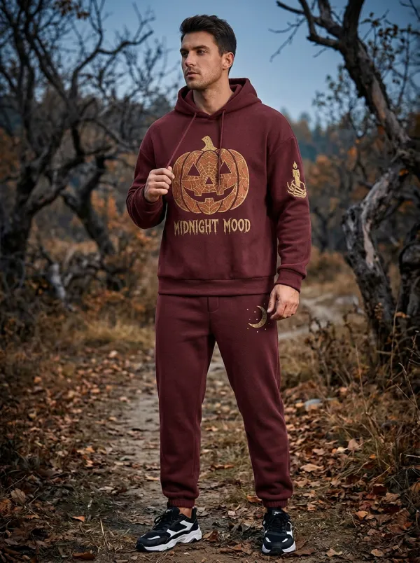 Men's Halloween Charcoal Midnight Mood Pumpkin Moon-Graphic Hoodie Jogger Set